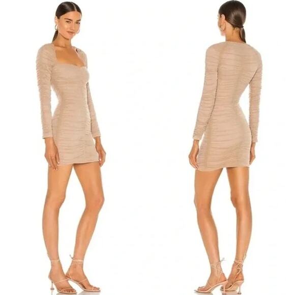 Michael Costello x REVOLVE Franky Mini Dress Mesh Ruched Long Sleeve, Taupe - Picture 13 of 14